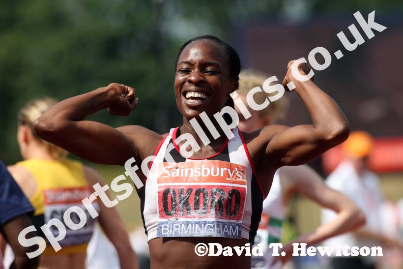 Marilyn Okoro (Shaftsbury) celebrates after winning the 800 metres at the Sainsbury's British Championships, Birmingham.